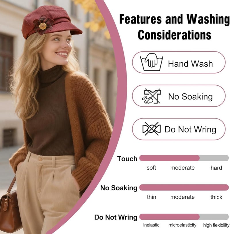 stablerice 2 Pcs Womens Newsboy Cap Women Retro Classic Visor Newsboy Cabbie Cap Beret Hats with Flower Buckle - Image 4